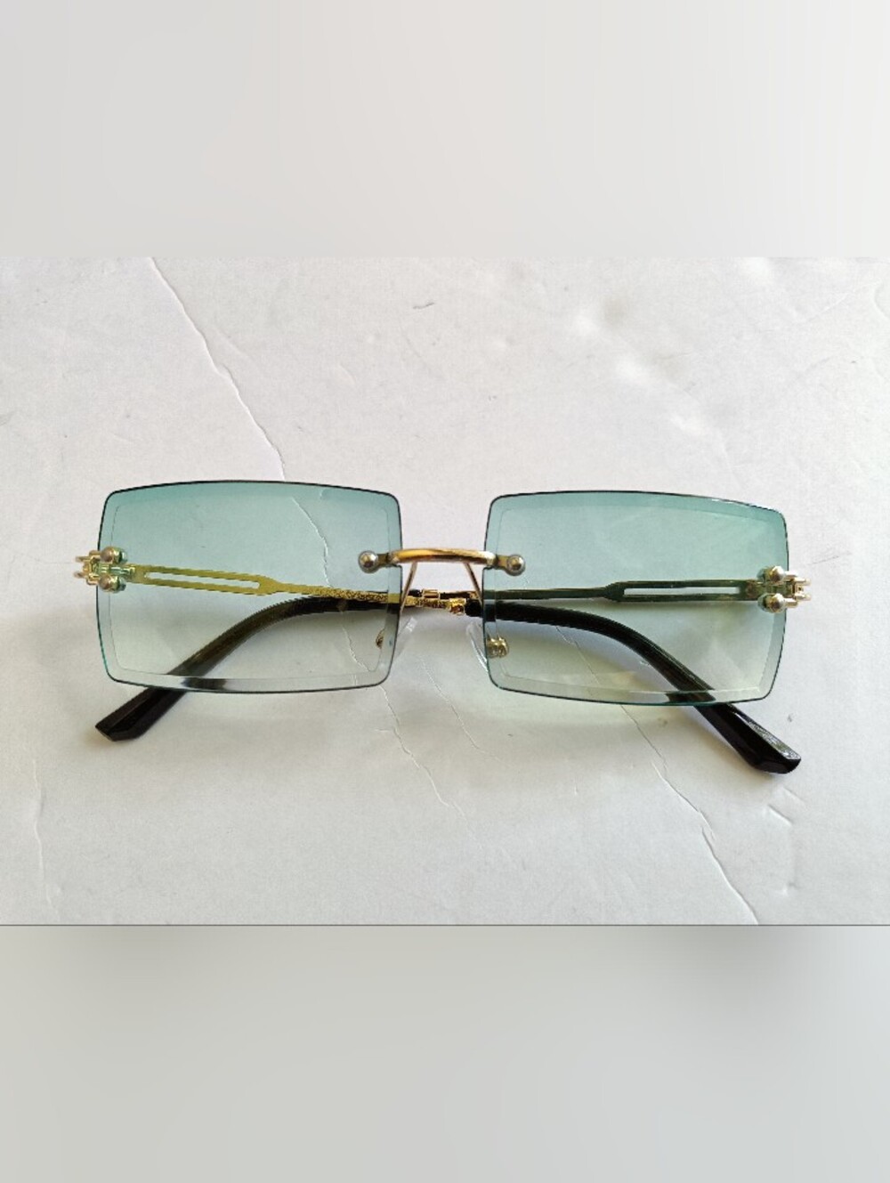 Rimless Gradient Square Sunglasses Gold Frame Green and Purple Lenses - Picture 2 of 9